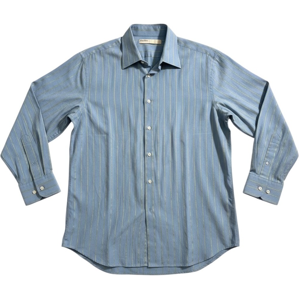 Perry Ellis Mens Button Down Shirt Blue Pinstripes Large Long Sleeves Cotton